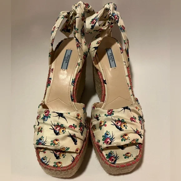 Prada Floral bird print lace up Espadrille Wedges heels sandals 41 10